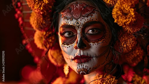 La Catrina Woman with Traditional Día de los Muertos Makeup and Marigolds