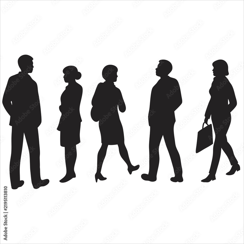 Obraz premium Business People and Diverse Group Silhouettes Standing and Walking Together, Teamwork and Community Vector Illustration