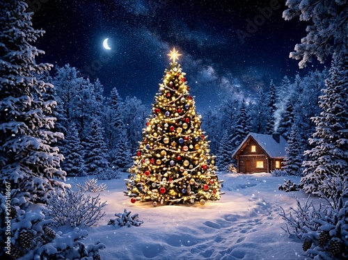 Snowy Christmas Village with Decorated Tree, Moonlit Winter Night and Cozy Cabins