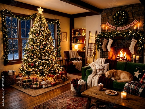 Cozy Living Room with Decorated Christmas Tree, Fireplace and Warm Holiday Lights