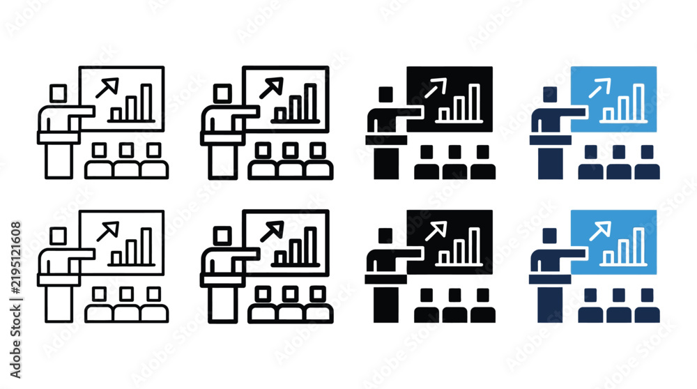 Fototapeta premium Presentation vector icons displaying a speaker at a podium pointing to a financial growth chart.