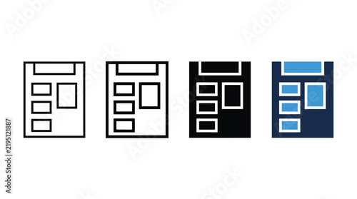 Document layout icons represent user interface structure and webpage content organisation in multiple vector styles.
