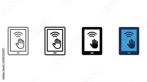 Tablet screen icons featuring touch gesture and wireless signal symbols demonstrate smart technology connectivity.