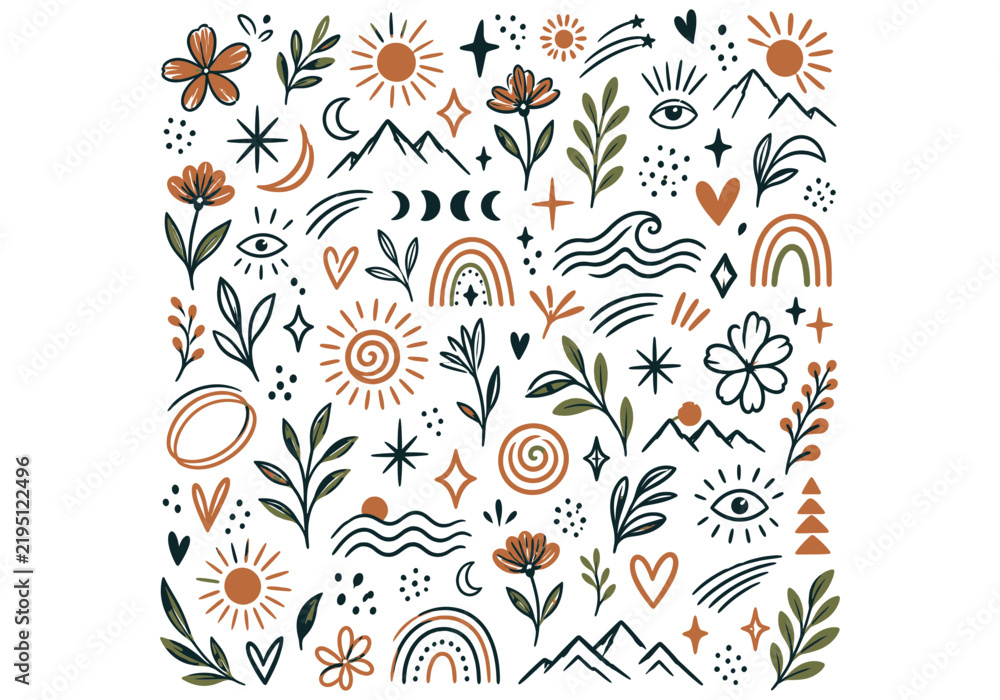 Fototapeta premium Boho hand drawn doodle elements set featuring suns moons mountains flowers rainbows and mystical symbols in earthy tones