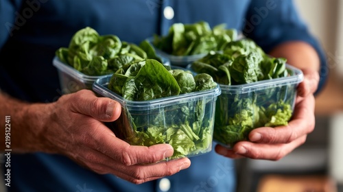 Fresh Produce Display with Clear Containers, Handled by a Person in a Kitchen Environment
