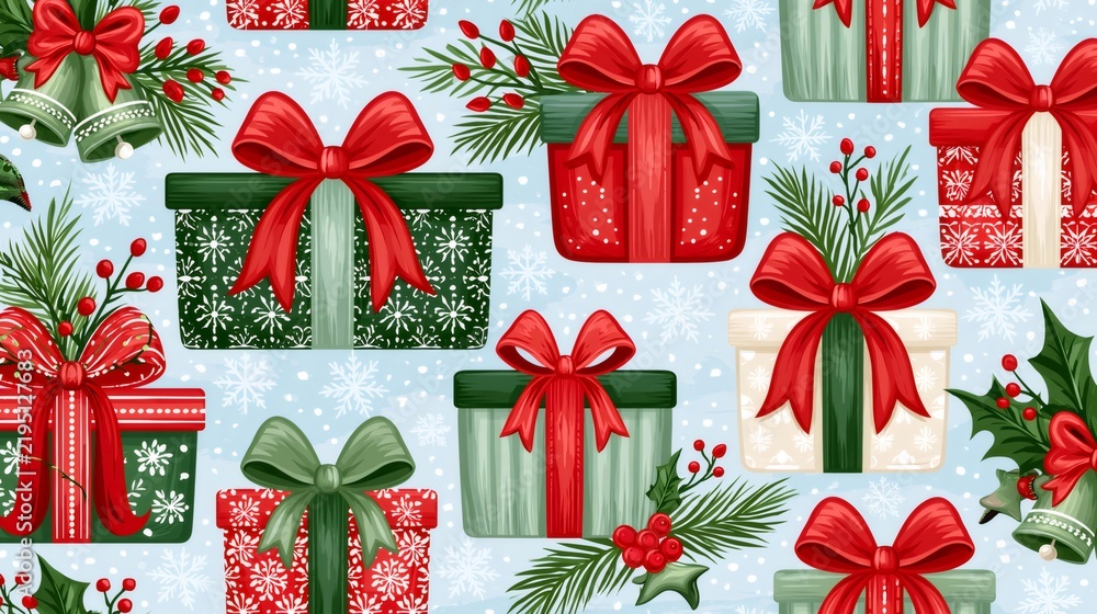 Obraz premium Christmas gifts and winter snowflakes seamless pattern