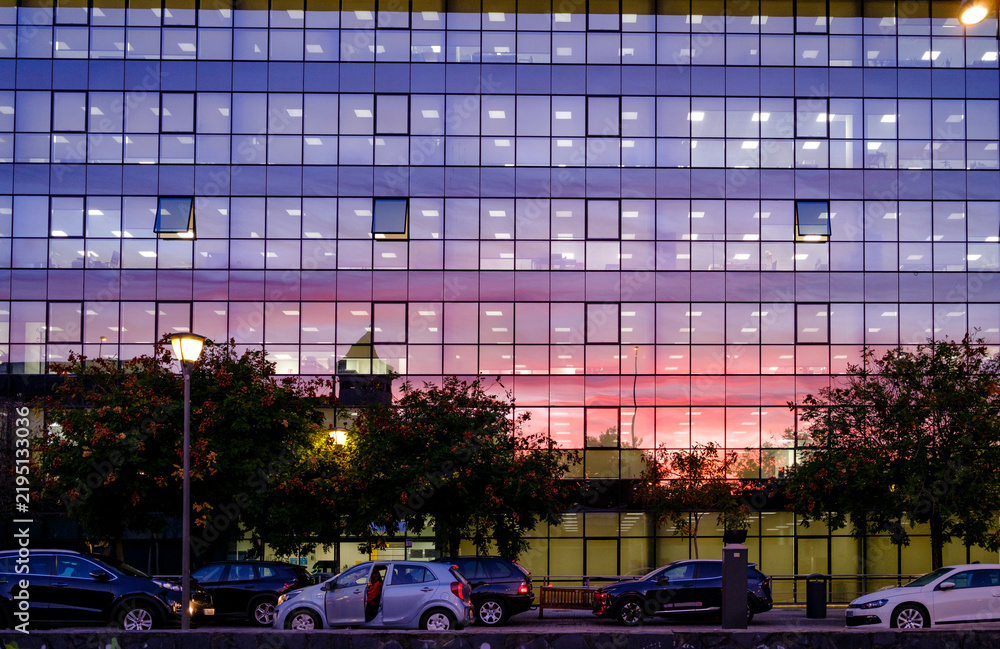 Naklejka premium Modern Office Building at Sunrise in San Sebastian Euskadi
