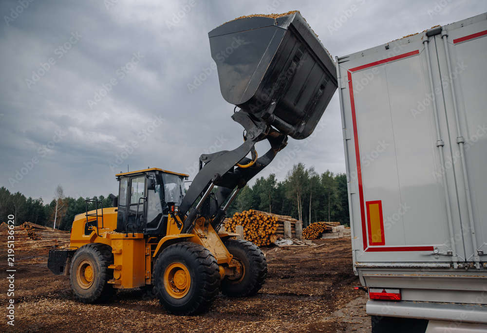 Fototapeta premium Yellow front-end loader lifting a bucket of wood chips above a white truck at a lumber yard with stacks of logs and cloudy sky in the background