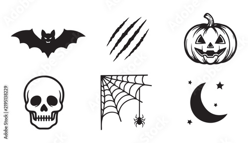 Set of black halloween symbols including bat skull pumpkin spider web and moon isolated on background.