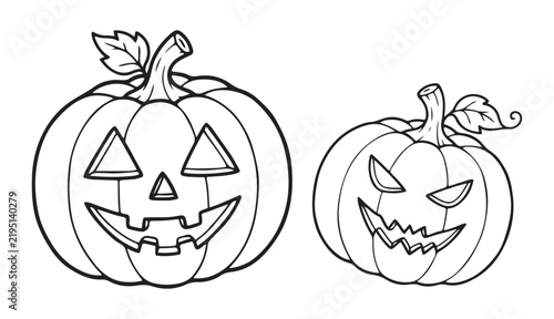 Two jack o lantern pumpkin line drawings with scary facial expressions for halloween coloring book.