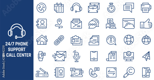 Comprehensive collection of thin line vector icons representing customer service communication and modern business office tools