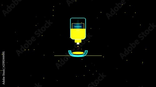 Yellow Dropper Dispensing Liquid onto Tiny Plate with Blue Outline during Scientific Research