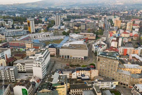 Aerial drone view of Soukenne Square and Forum shopping center in Liberec, Czech Republic