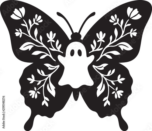 A black butterfly silhouette features a white ghost shape within its wings adorned with floral details insect halloween spooky vector graphic ornament design pattern creature