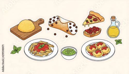 Illustrated italian food flat lay illustration