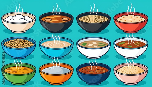 Colorful bowls of soup arranged in a row