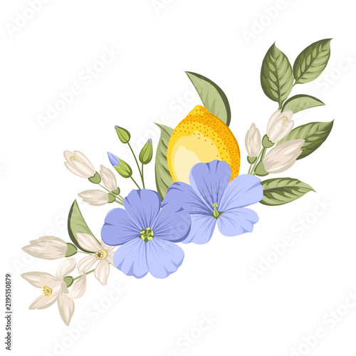 Lemon botanical composition with citrus fruits,blue linen flowers and green leaves. Hand drawn vector illustration isolated on white background.