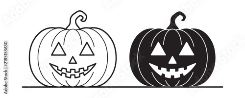 Black and white halloween pumpkin icon showing happy jack o' lantern face outline and filled.