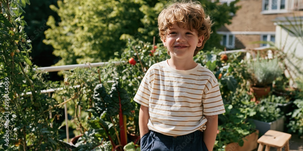 Fototapeta premium Smiling boy with curly hair on a balcony vegetable garden for family lifestyle portrait background and banner design