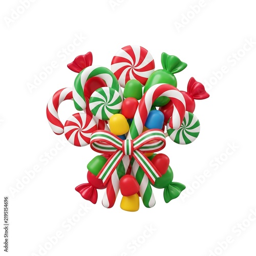 Festive candy cane arrangement with striped ribbon and mixed colorful candies christmas candy holiday sweets peppermint candy swirl lollipop wrapped candy holiday decorations red green