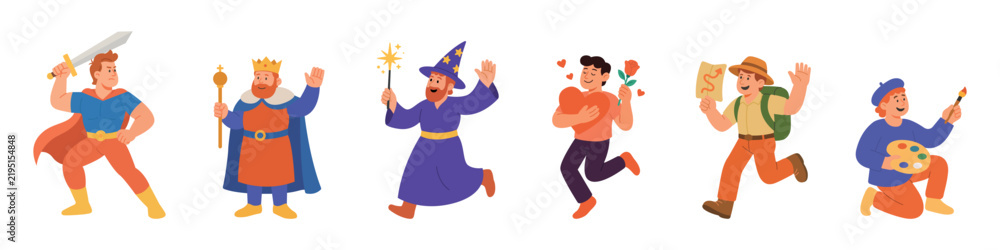 Fototapeta premium Six cartoon characters. Superhero, medieval king, wizard, lover, explorer and artist kneeling flat vector illustration set