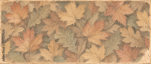 Vintage Herbsthintergrund mit zarten Herbstblättern in warmen Naturtönen auf strukturierter beiger Papieroptik im nostalgischen Stil Generative KI