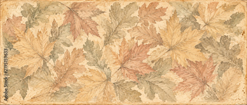 Vintage Herbsthintergrund mit zarten Herbstblättern in warmen Naturtönen auf strukturierter beiger Papieroptik im nostalgischen Stil Generative KI