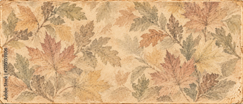Vintage Herbsthintergrund mit zarten Herbstblättern in warmen Naturtönen auf strukturierter beiger Papieroptik im nostalgischen Stil Generative KI