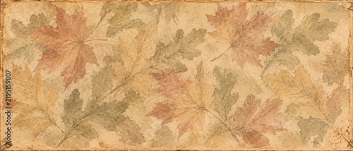 Vintage Herbsthintergrund mit zarten Herbstblättern in warmen Naturtönen auf strukturierter beiger Papieroptik im nostalgischen Stil Generative KI