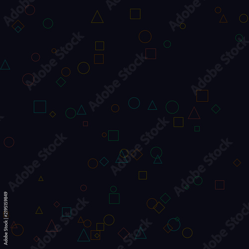 Seamless geometric pattern with minimalist colorful outline shapes like circles, squares, triangles, and diamonds on dark background