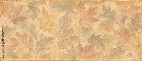 Vintage Herbsthintergrund mit zarten Herbstblättern in warmen Naturtönen auf strukturierter beiger Papieroptik im nostalgischen Stil Generative KI
