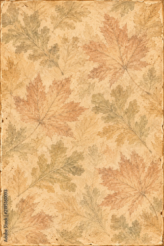 Vintage Herbsthintergrund mit zarten Herbstblättern in warmen Naturtönen auf strukturierter beiger Papieroptik im nostalgischen Stil Generative KI