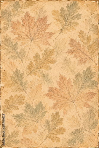 Vintage Herbsthintergrund mit zarten Herbstblättern in warmen Naturtönen auf strukturierter beiger Papieroptik im nostalgischen Stil Generative KI