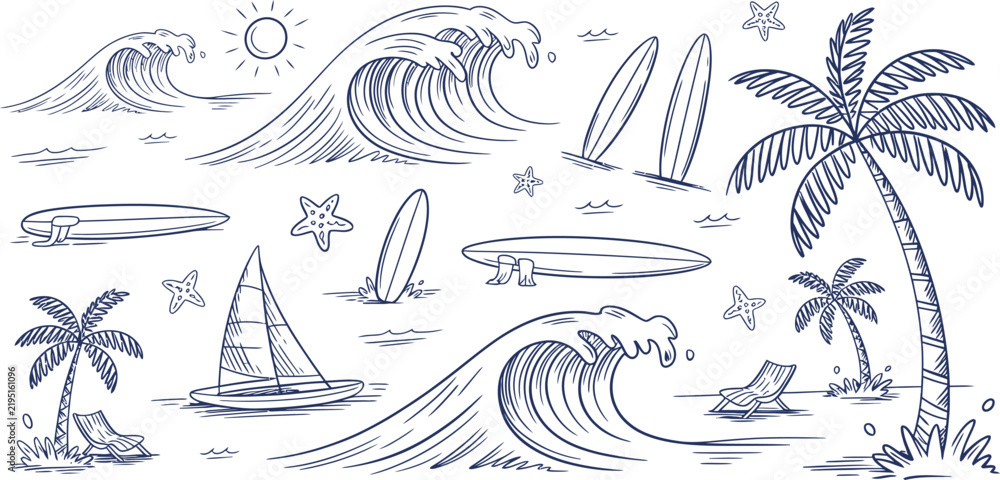 Fototapeta premium Hand drawn blue beach and ocean doodles, summer elements featuring waves, surfboards, palm trees, sailboat and starfish on white
