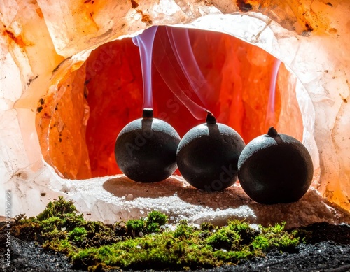 Mystical Incense Orbs Emitting Smoke in a Radiant Salt Cave Environment