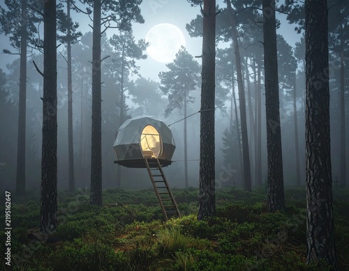 Moonlit Glamping Pod in a Misty Pine Forest: Unique Spherical Treehouse Retreat at Night