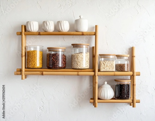 Natural Bamboo Shelf with Glass Jars of Grains, Beans, and Oats on a White Textured Wall, Emphasizing Sustainable Kitchen and Pantry Organization