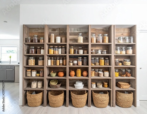 Organized Modern Pantry with Wooden Shelves and Glass Jars