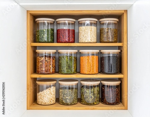 Organized Pantry Shelves with Clear Glass Jars of Various Dry Foods, Spices, Grains, and Legumes