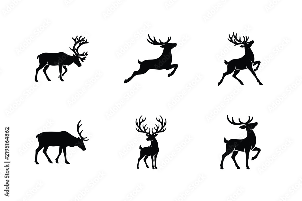 Fototapeta premium Christmas deer silhouettes set with walking reindeer and jumping stag design art.