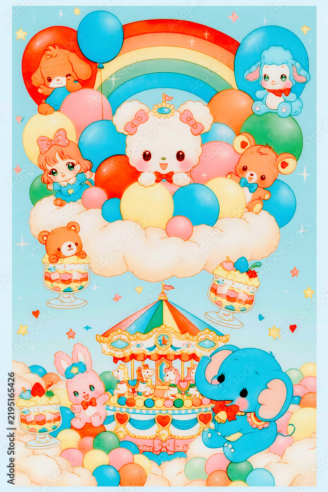 Fototapeta premium Colorful cartoon animals with balloons and a carousel under a rainbow in a playful scene