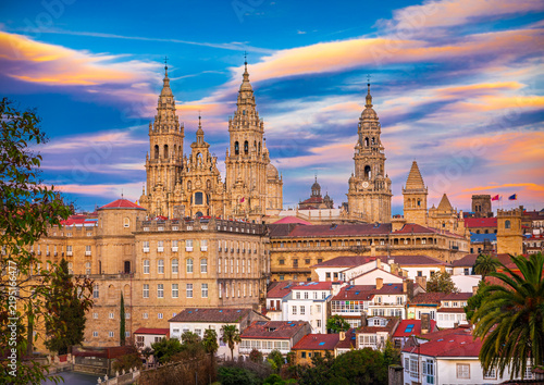 Sunset panorama over the historic city skyline and Cathedral of Santiago de Compostela, shot from Alameda Park viewpoint in Galicia, Spain