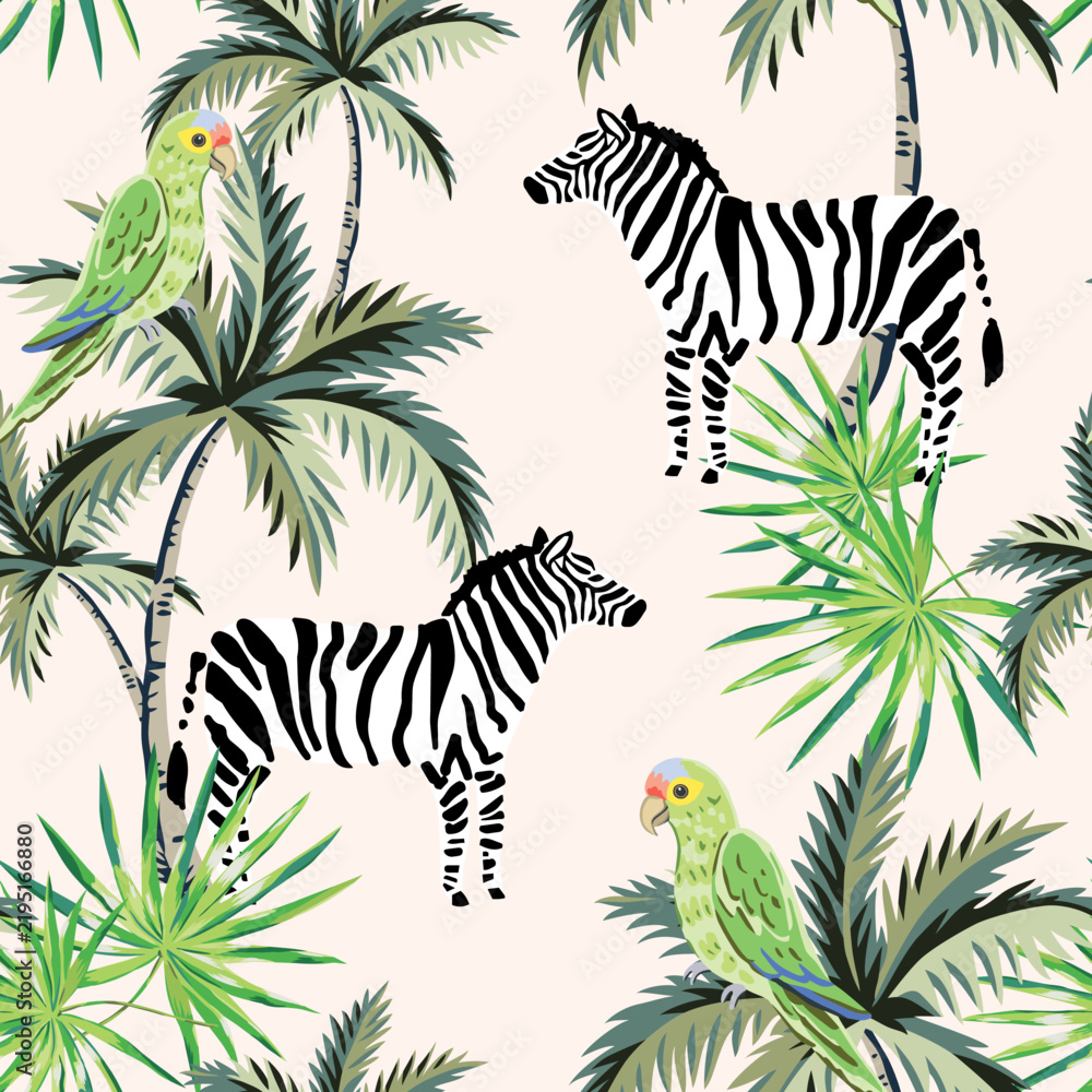 Obraz premium Tropical zebra, green parrots, palm trees, leaves, blush background. Seamless pattern. Vector illustration. Exotic plants, animals, birds. Summer beach design. Paradise nature