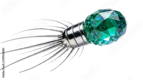 Foto Shiny metallic squid jig with faceted green gem head, isolated on transparent ba