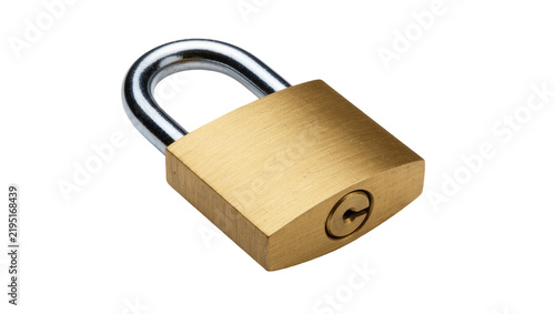 Brass padlock with silver shackle, isolated on transparent background