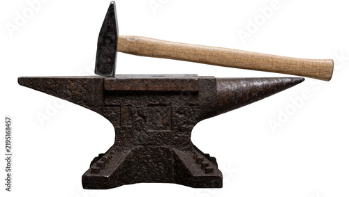 Quadro su tela Heavy metal anvil with wooden handled hammer resting on top, isolated on transpa