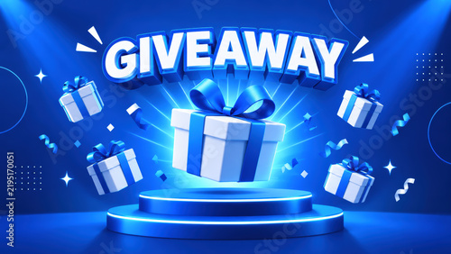 Giveaway promotion banner with floating gift boxes on blue neon stage for social media contest.