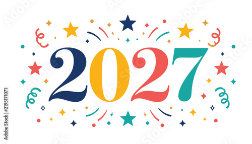 Colorful 2027 New Year typography vector, festive 2027 celebration numbers with confetti and stars, vibrant holiday greeting card design