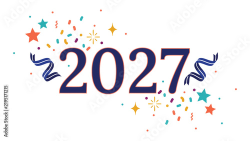 Happy New Year 2027 vector illustration, festive 2027 typography with colorful confetti and ribbons, celebratory holiday greeting card design