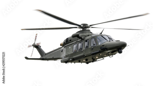 Military green helicopter with spinning rotors, isolated on transparent background